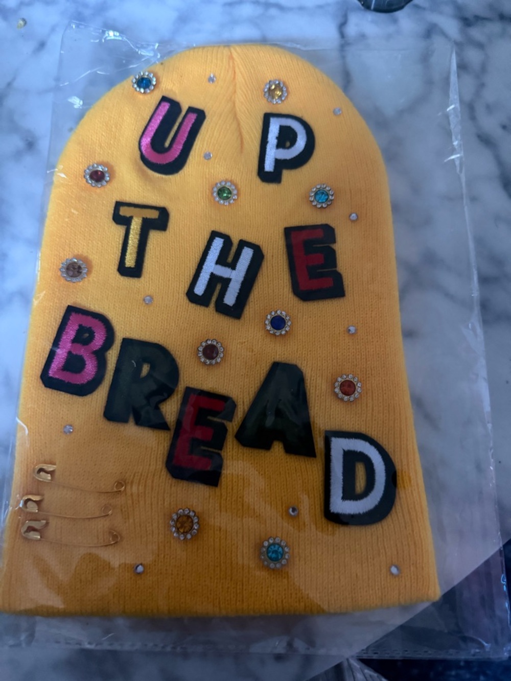 Yellow 'Up The Bread' Embellished Beanie